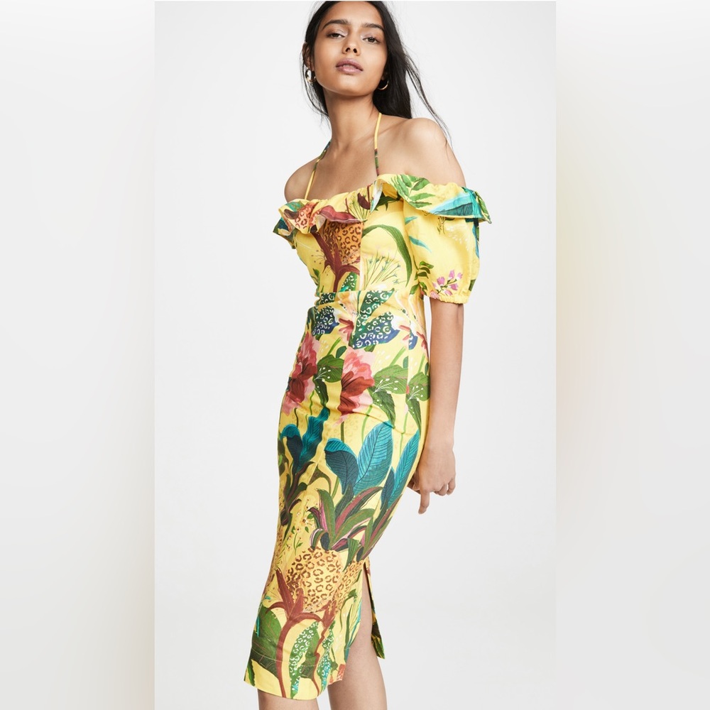 FARM Rio Golden Jungle Linen Midi Dress sz Small